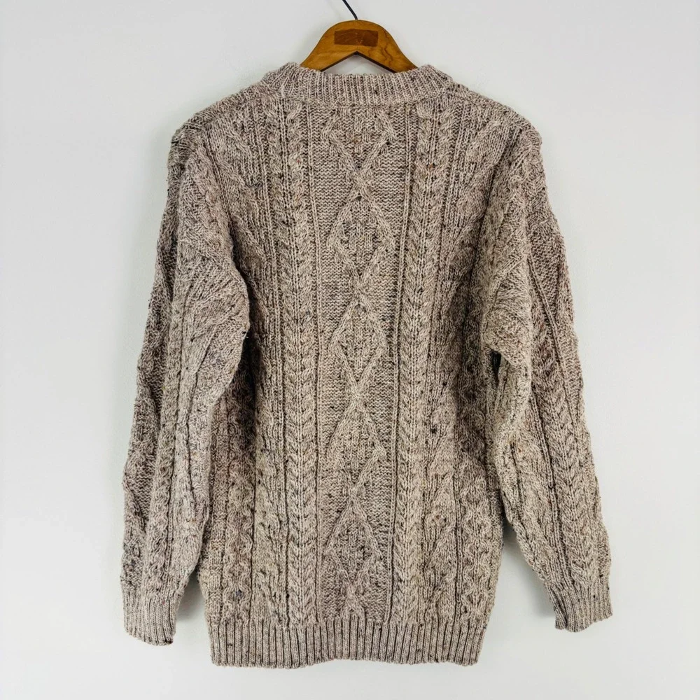 JM Cooper British Wool Cable Knit Sweater Oatmeal Tweed Crew Neck Made in UK M